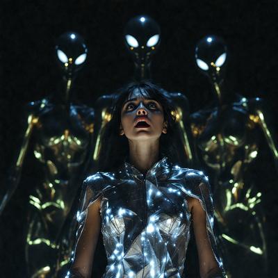 The primary subject of the image is a woman wearing a silver outfit, with her mouth open. She is surrounded by four other women, each wearing a similar outfit. The setting appears to be a dark room, with the women standing in a line. The visual style of the image is a combination of photo and digital art, creating a unique and intriguing atmosphere. The colors in the image are predominantly silver and black, giving the scene a futuristic and mysterious mood.